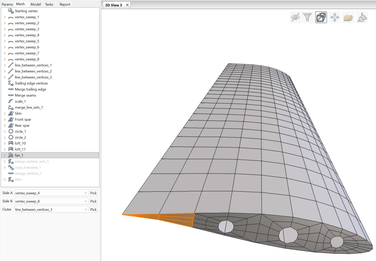 AirFrame: the tree of mesh operations on the left, and the wing built from them on the right, with one operation highlighted on the model