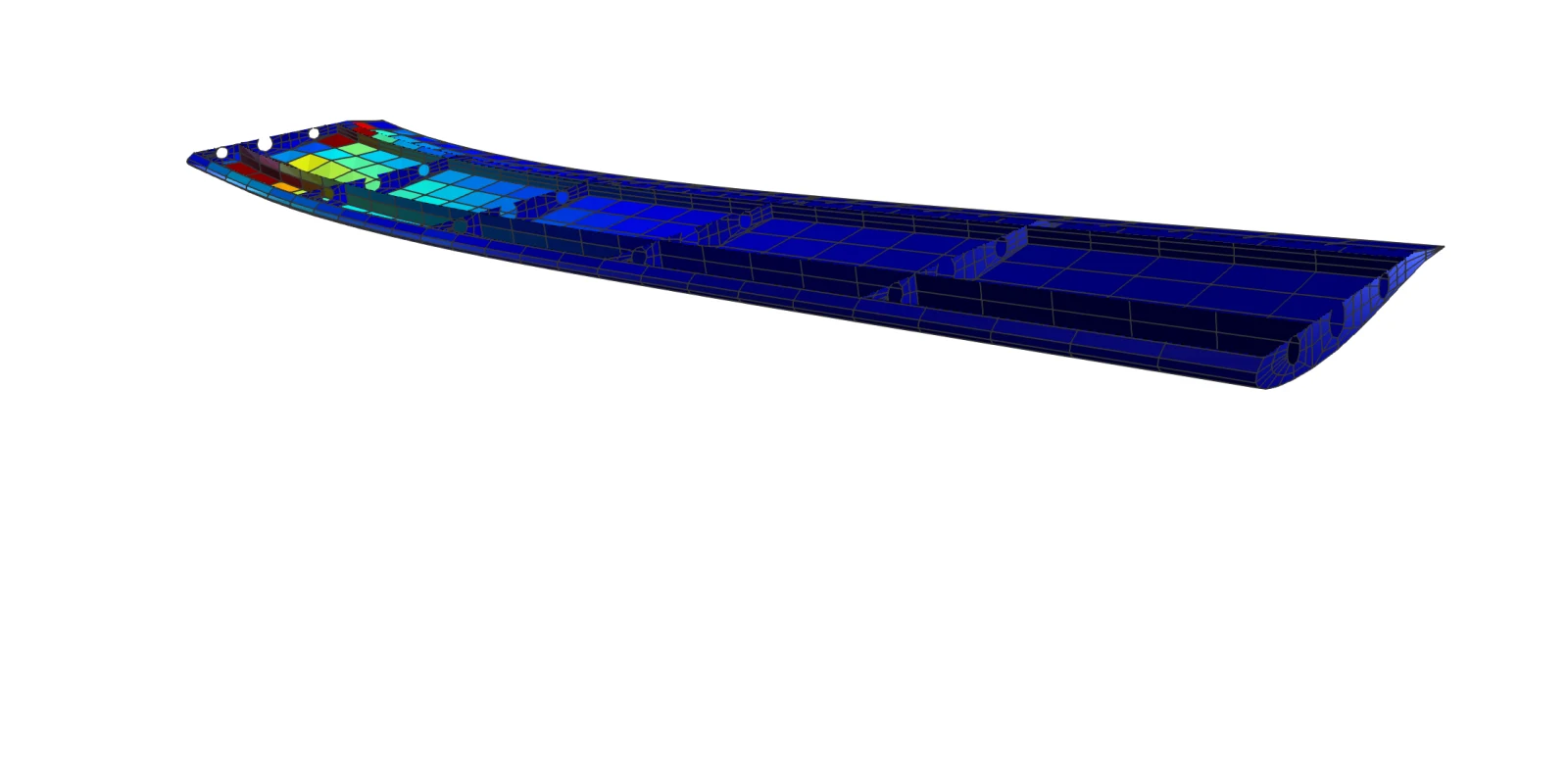 The structure of the wing without its upper skin, bent upward and colored by stress